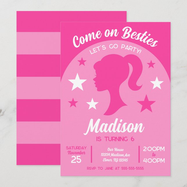 Invitation Meilleures amies de la poupée rose fête d'annivers (Devant / Derrière)