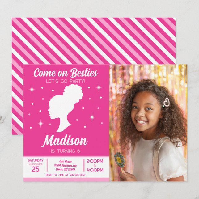 Invitation Meilleures amies de la poupée rose Fête de mode Ph (Devant / Derrière)