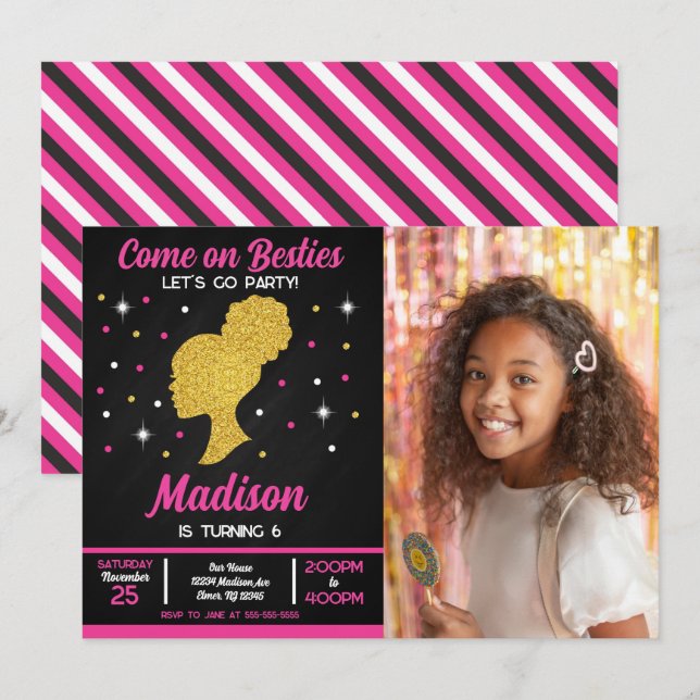 Invitation Meilleures amies de la poupée rose Fête de mode Ph (Devant / Derrière)
