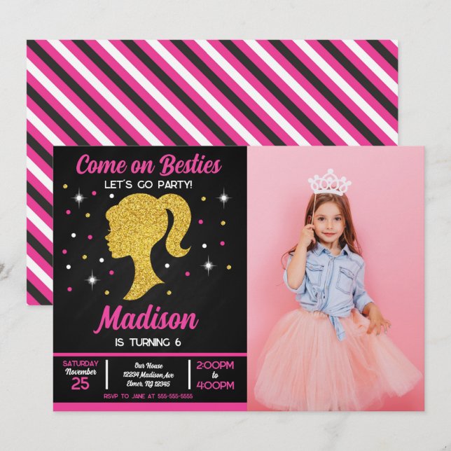 Invitation Meilleures amies de la poupée rose fête de mode ph (Devant / Derrière)