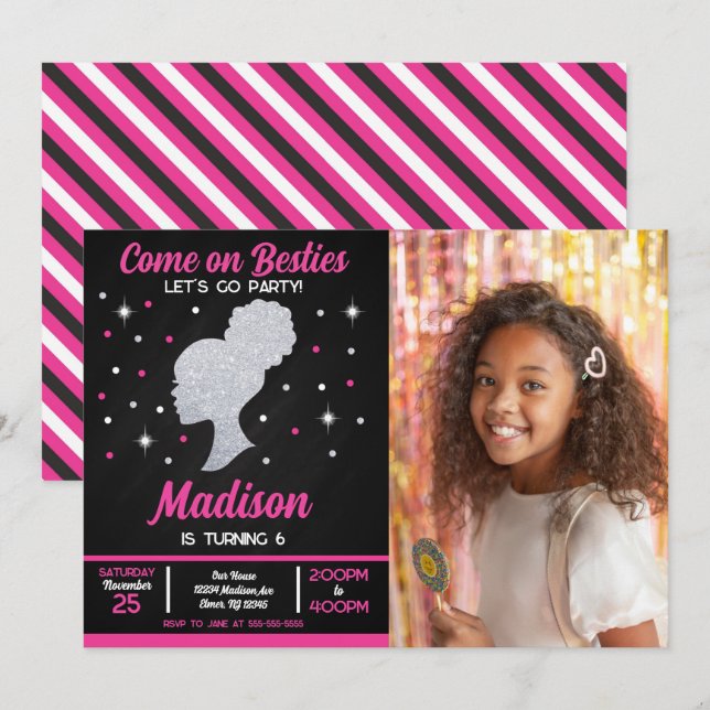 Invitation Meilleures amies de la poupée rose fête de mode ph (Devant / Derrière)