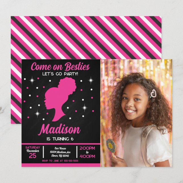 Invitation Meilleures amies de la poupée rose Fête de mode Ph (Devant / Derrière)