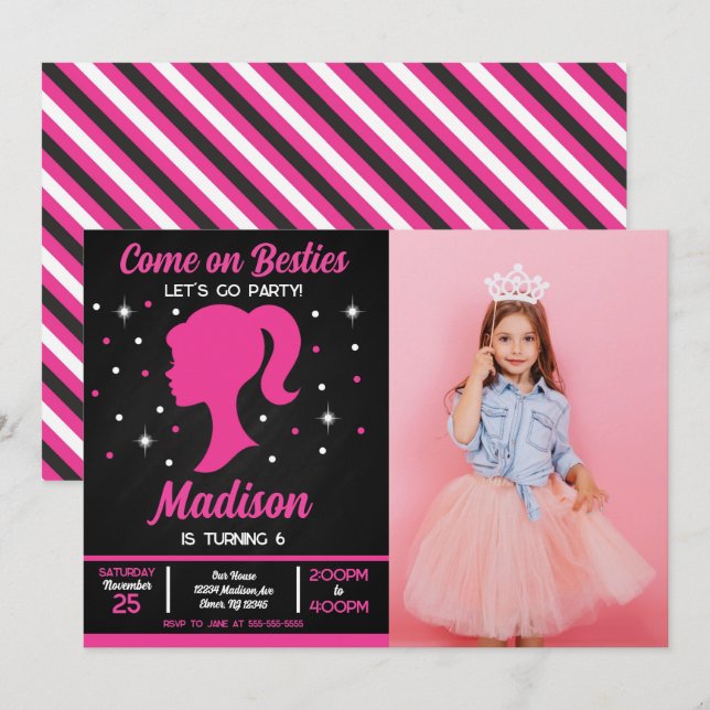 Invitation Meilleures amies de la poupée rose Fête de mode Ph (Devant / Derrière)