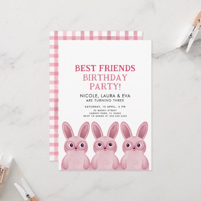 Invitation Meilleurs amis fête d'anniversaire avec des lapins (Devant/Arrière en situation)