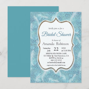 Invitation Mélange de motif bleu, plumes et cadre doré