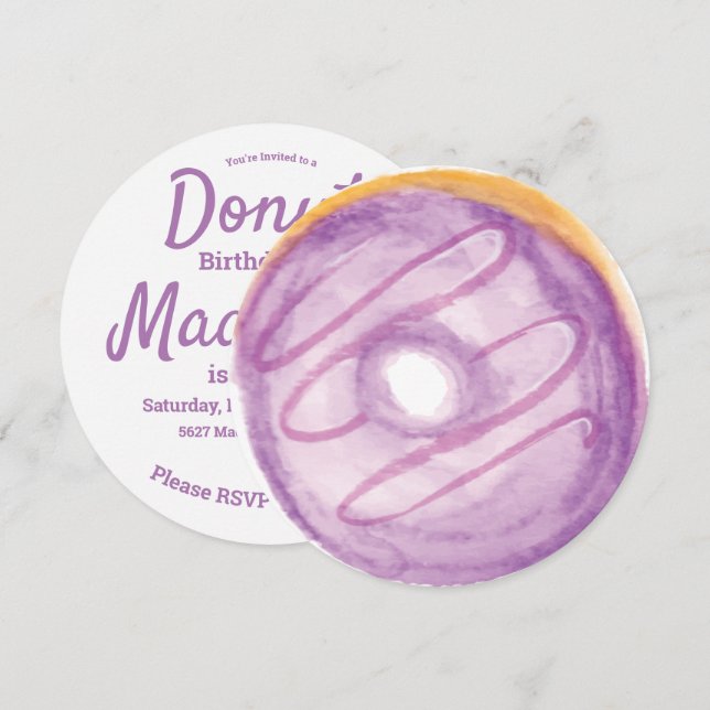 Invitation Mélange Rond de Poudrage de Donut Violet Aquarelle (Devant / Derrière)