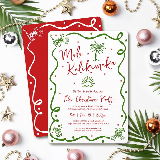Invitation Mele Kalikimaka Red Green Hand Drawn Fun Christmas (Créateur téléchargé)