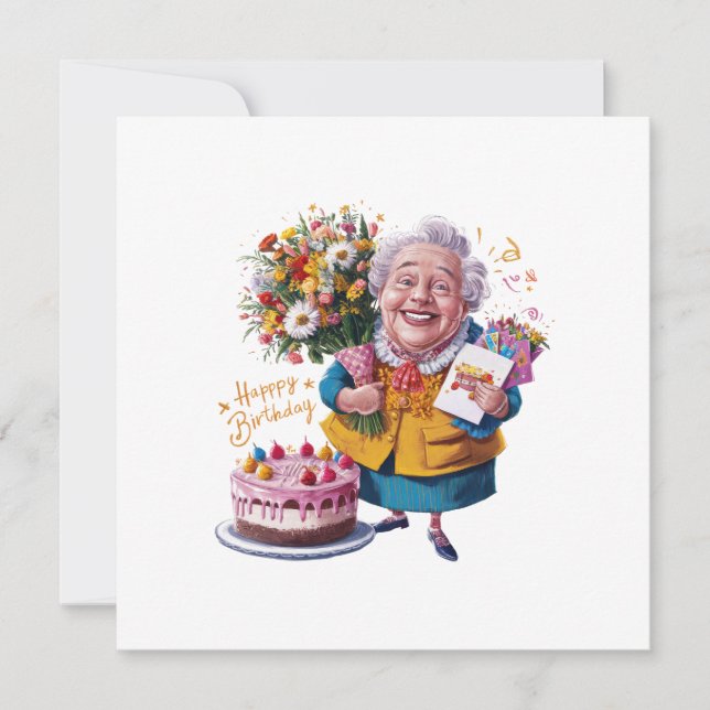 Invitation Mémé à vélo avec gâteau et ballons (Devant)
