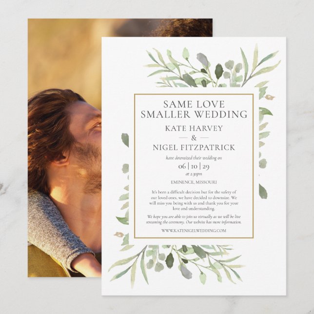 Invitation Même amour, photo de mariage réduite (Devant / Derrière)