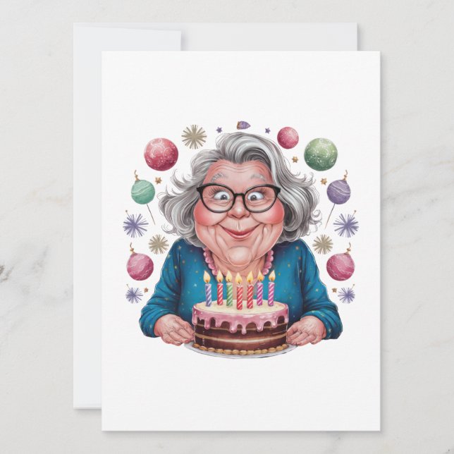 Invitation Mémé drôle qui regarde le gâteau d'anniversaire Ar (Devant)