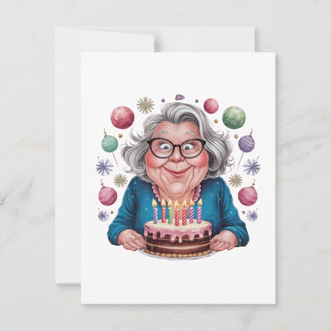 Invitation Mémé drôle qui regarde le gâteau d'anniversaire Ar (Devant)