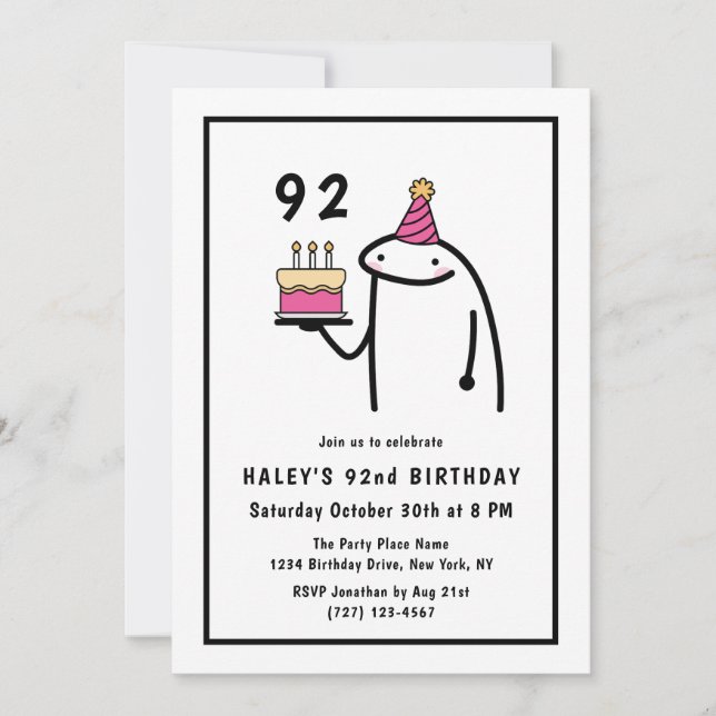Invitation Mème drôle Simple 92e Anniversaire Noir & Blanc (Devant)