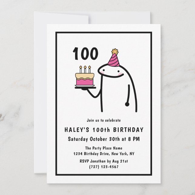 Invitation Mème Drôle Simple Anniversaire 100 ans Noir & Blan (Devant)