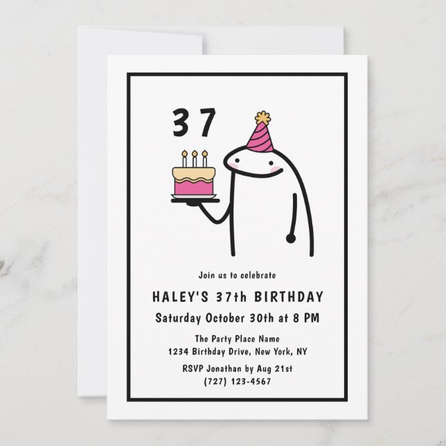Invitation Mème Drôle Simple Anniversaire 37 Ans Noir & Blanc (Devant)