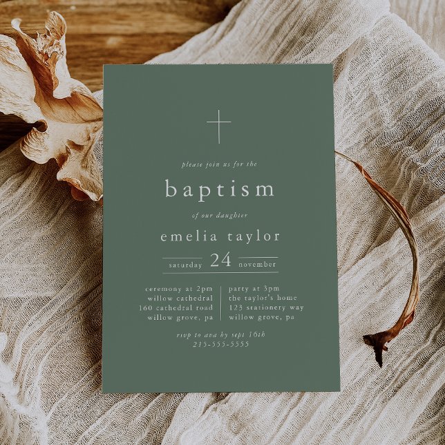 Invitation MEMELIA Mountain Sage Green Forest Baptême moderne (EMELIA Mountain Sage Green Forest Modern Baptism Invitation)