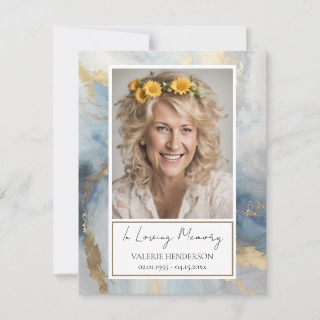 Invitation Mémorial bleu et or Photo funéraire Keepsaké Invi (Devant)