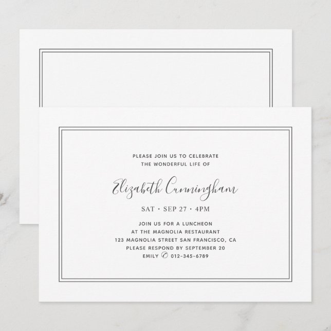 Invitation Memorial Classic Simple Chic Elegant Frame (Devant / Derrière)