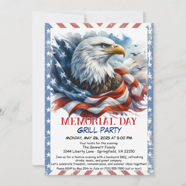 Invitation Memorial Day BBQ Party | Grill arrière patriotique (Devant)