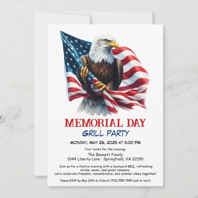 Invitation Memorial Day BBQ Party | Grill arrière patriotique (Devant)