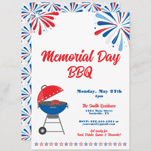 Invitation Memorial Day Party BBQ Patriotique Rouge Blanc Ble