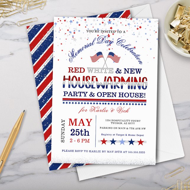 Invitation Memorial Day Red White New House Party (memorial day housewarming party invitations with patriotic red white and blue new house inivtes)