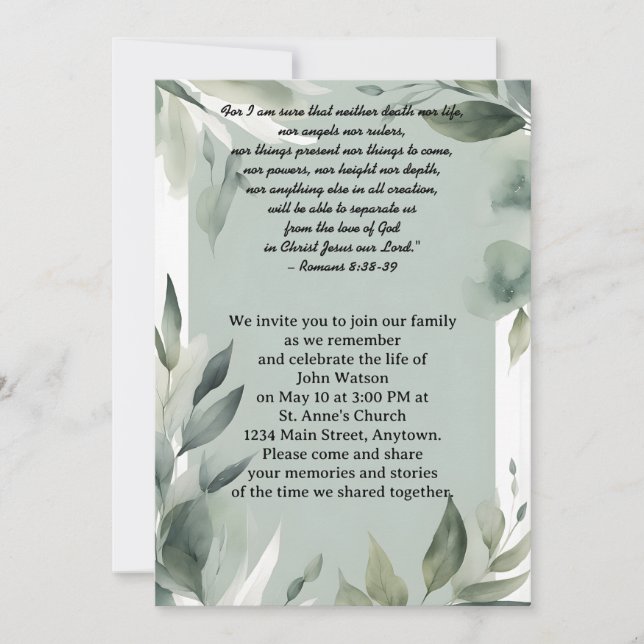 Invitation Mémorial des Feuilles blancs et verts de Sage (Devant)