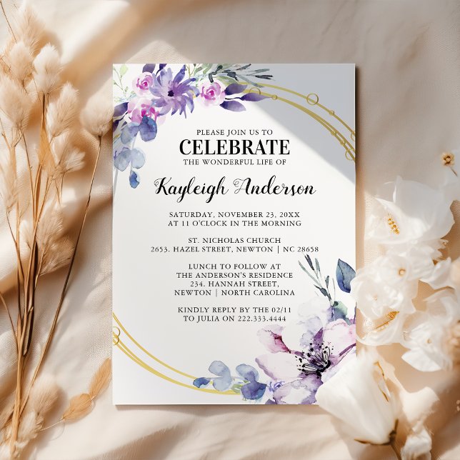 Invitation Mémorial élégant à l'aquarelle Fleur Violette (Créateur téléchargé)