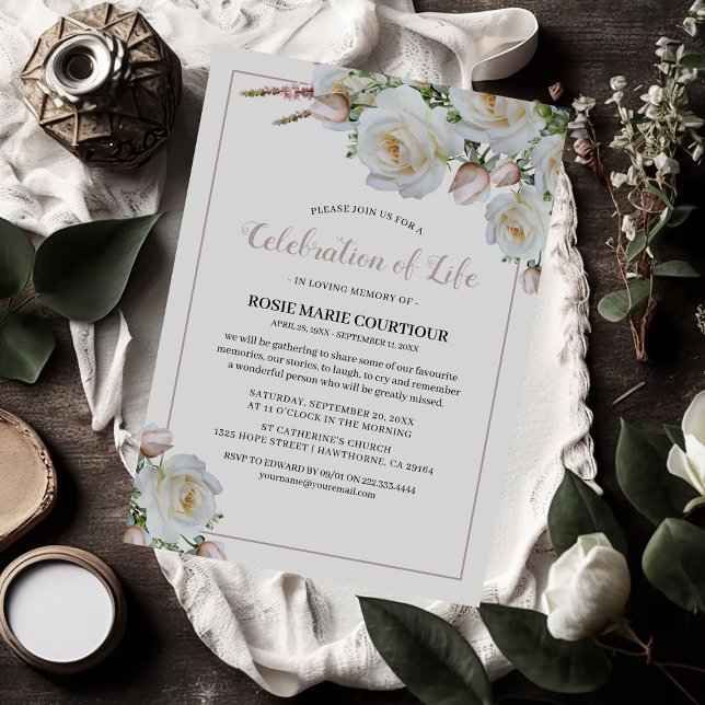 Invitation Mémorial élégant de la rose blanche | Célébration  (Créateur téléchargé)