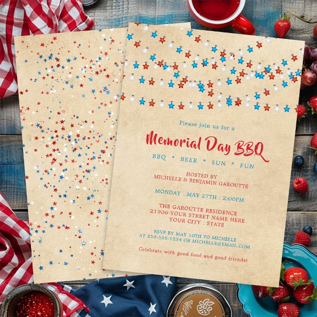 Invitation Mémorial Etoiles à cordes BBQ (Memorial Day Stars String Lights BBQ Invitation)