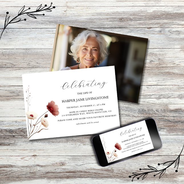 Invitation Mémorial funéraire rose et blanc de pavot (Créateur téléchargé)