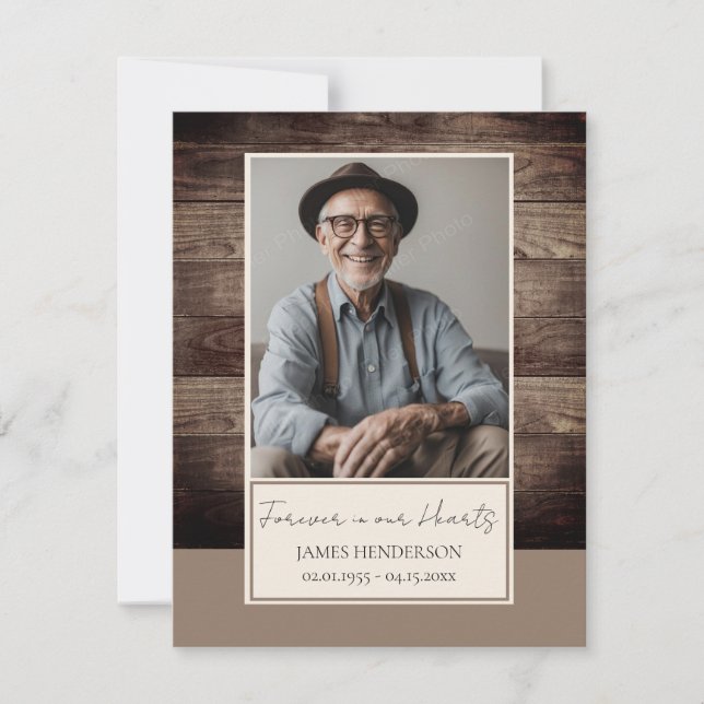 Invitation Memorial Rusitc Wood Photo Funeral Keepsaké (Devant)