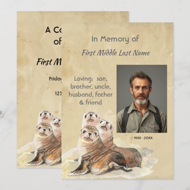 Invitation Memorial Service Invite Watercolor Seals Animals (Devant / Derrière)