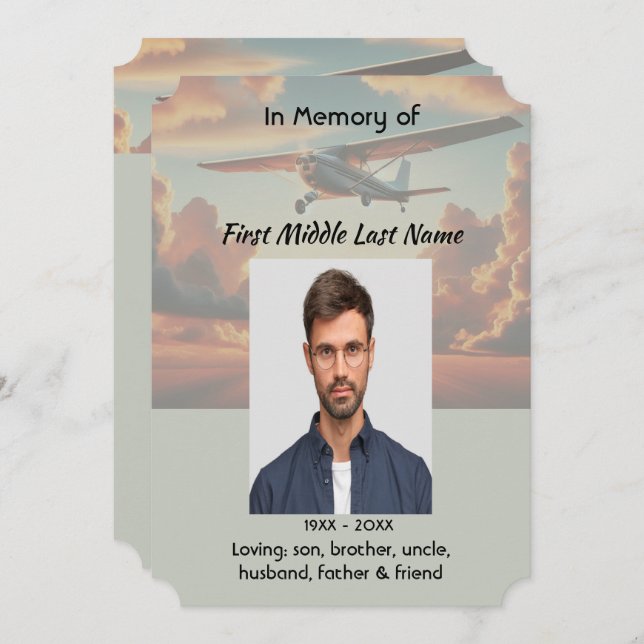 Invitation Memorial Service Pilot Airplane Flying Sunset (Devant / Derrière)