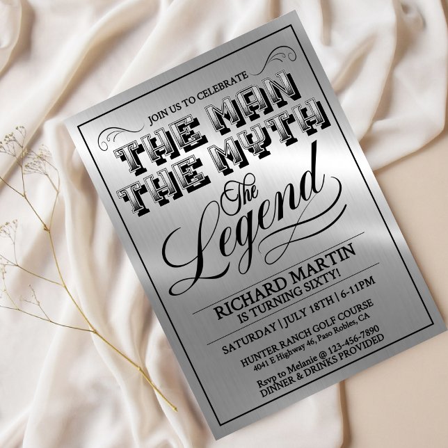 Invitation Men’s Milestone Birthday Party, Silver Metal Look, (Créateur téléchargé)