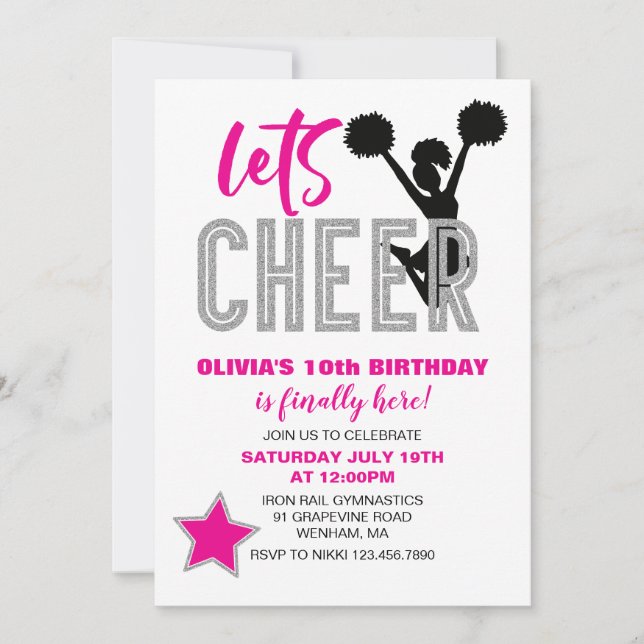 Invitation Meneur de claques Rose Argent Noir Cheer Anniversa (Devant)