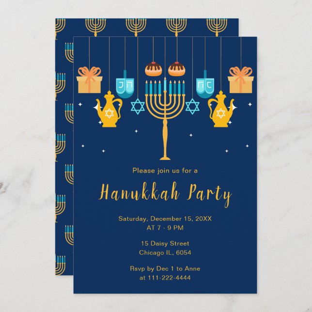 Invitation Menorah Hanukkah Party (Devant / Derrière)