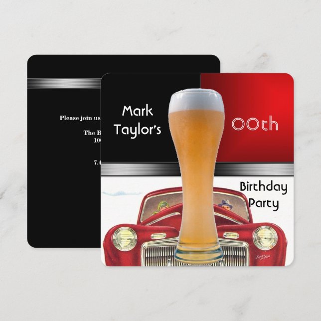 Invitation Mens Ajouter Âge Anniversaire Fête Rouge Bière Vie (Devant / Derrière)