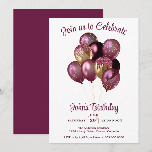 Invitation Mens Balloons Birthday  (Devant / Derrière)