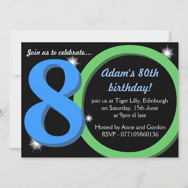 Invitation Mens Green / Blue 80th Birthday Party (Devant)