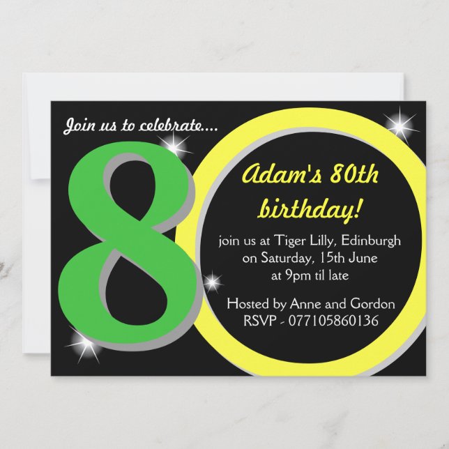 Invitation Mens Green / Jaune 80e fête d'anniversaire (Devant)