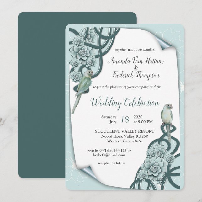 Invitation Menthe bleu pin Vert Succulents (Devant / Derrière)