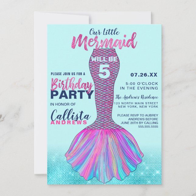 Invitation Menthe bleu rose Mermaid Parties scintillant de la (Devant)