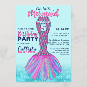Invitation Menthe bleu rose Mermaid Parties scintillant de la
