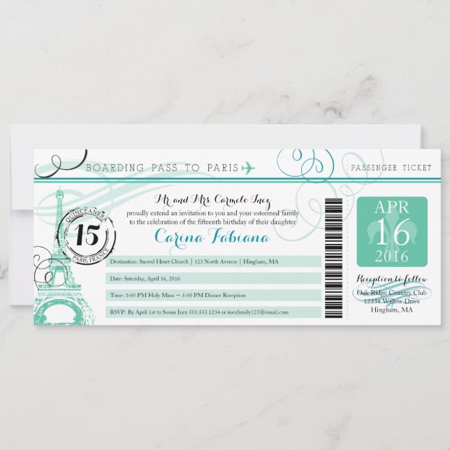 Invitation Menthe de Quinceanera Vert et Turquoise | Paris (Devant)
