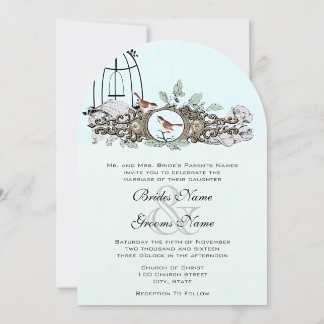 Invitation Menthe Rustique Romantique Amour Oiseau Cage à ois (Dos)