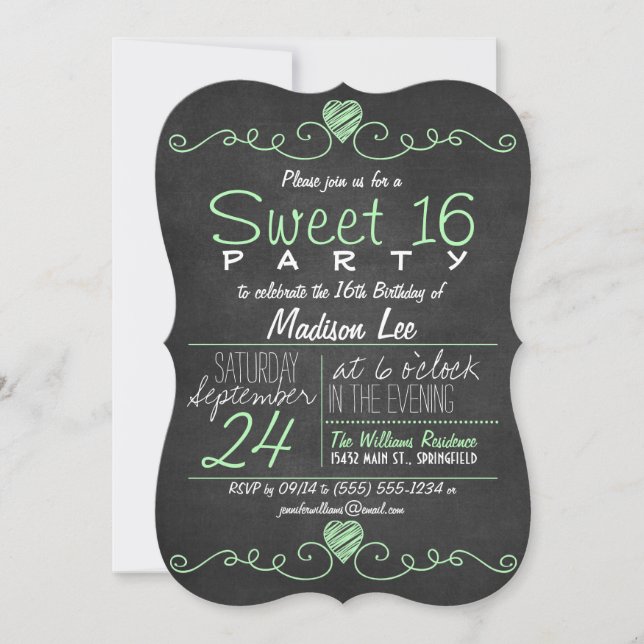 Invitation Menthe verte, tableau blanc Rustique Sweet 16 Part (Devant)