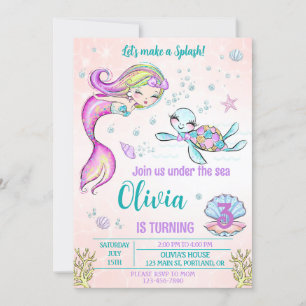 Invitation Mention d'anniversaire de sirène et de tortue sous