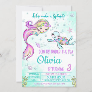 Invitation Mention d'anniversaire de sirène et de tortue sous