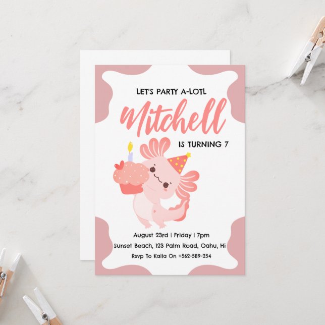 Invitation Mentions d'anniversaire axolotl d'anniversaire mig (Devant/Arrière en situation)