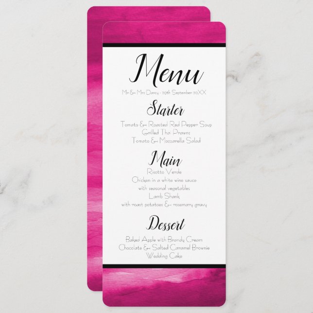 Invitation Menu Aquarelle Magenta Rose (Devant / Derrière)